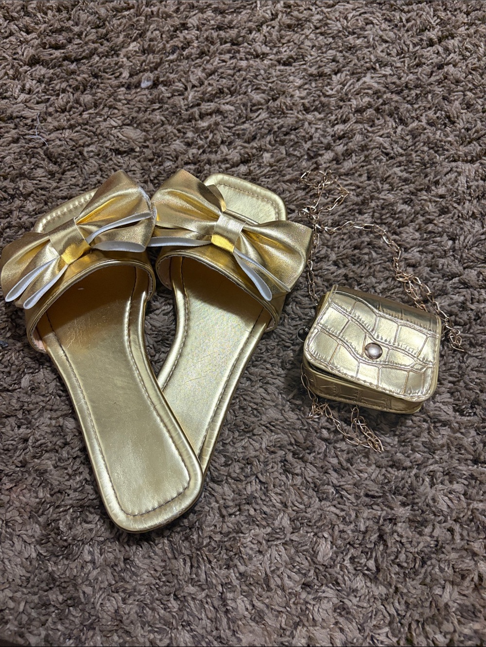Gold Bow Slide Sandals with Mini Chain Crossbody - Women